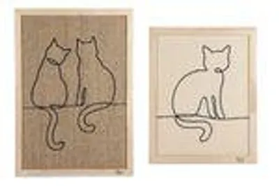Two framed pieces of art featuring line drawings of cats on different textured backgrounds.
