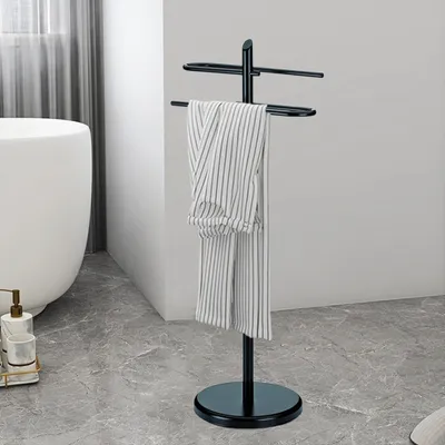 Produktbild von frler Handtuchhalter, Metall Schwarz, freistehend, 2 Stangen, Haken, rund, bewegbar. Für Badezimmer, Badetücher & Kleidung, rostfrei, stabil, platzsparend, einfache Montage, modern, minimalistisch