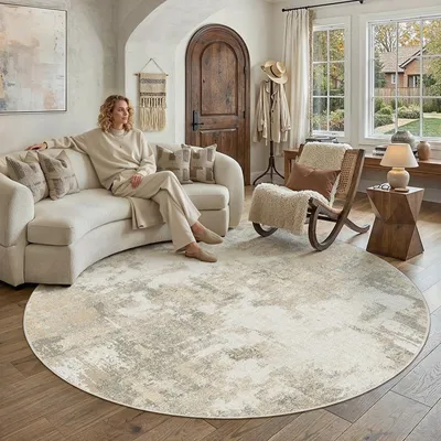 Runder Teppich, abstrakt, beige, 180 cm, rutschfest