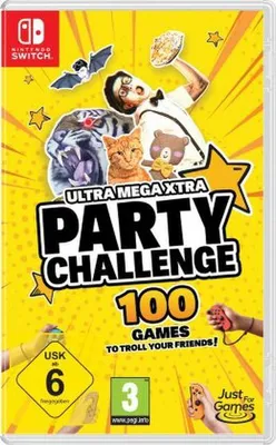 The image is a marketing image for the Nintendo Switch game 'Ultra Mega Xtra Party Challenge'. It features cartoonish illustrations of a tiger, a cat, a bat, and a person holding a pizza, along with game title and other text elements.