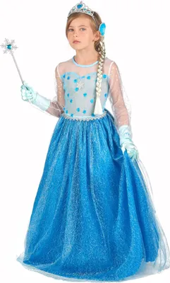 A young girl wearing a blue ice princess costume with a tiara and wand.