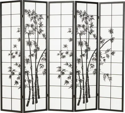 Image de Paravent Séparation de pièce 5 pièces, bois noir, papier de riz blanc, motif bambou, hauteur 179 cm