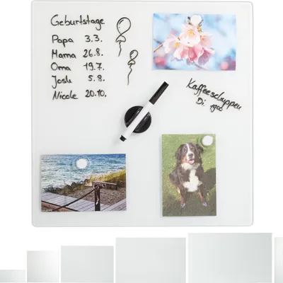Produktbild von Relaxdays Magnettafel Glas, 40x40 cm, 3 Magneten, Marker, Stiftehalter, Büro & Küche, Sicherheitsglas Magnetboard, weiß
