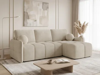 Produktbild von Ecksofa Nubo mit Schlaffunktion und Bettkasten - Bouclé-Stoff - L-Form Couch, Polstersofa, Schlafsofa, Sofagarnitur, Bettsofa (Beige (Coral 65))