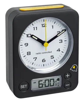 A black analog alarm clock with a yellow accent on a white background.