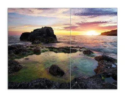 Produktbild von Wallario Herdabdeckplatte aus Glas, Größe 70 x 52 cm 2-teilig, Motiv Felsige Küste bei Sonnenuntergang