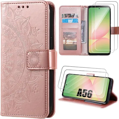 Image de Coque + 2 Verres Trempés pour Samsung Galaxy A56 5G, Protection Anti-Rayures Antichoc Synthécuir Motif Mandala Rose