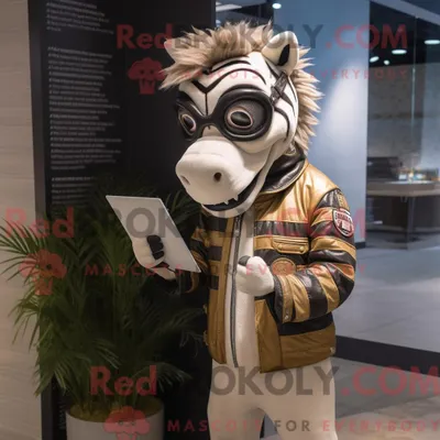 Produktbild von Maskottchen REDBROKOLY eines beigen Zebras mit Motorradjacke und Lesebrille