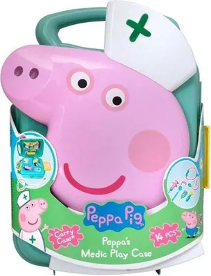 A Peppa Pig medic play case, shaped like Peppa Pig's head, with medical accessories visible inside.
