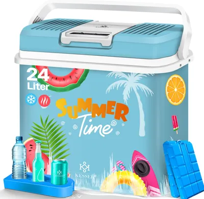 A light blue cooler box with summer-themed graphics, including watermelons, palm trees, and oranges. It is shown with some accessories like water bottles and ice packs.