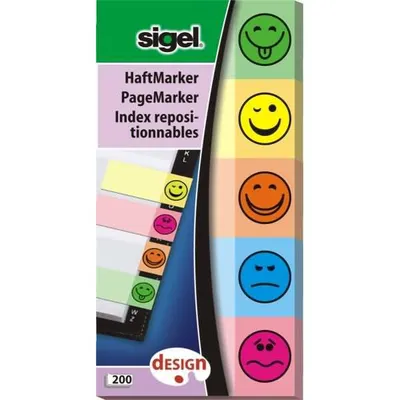 Produktbild von SIGEL HN502 Haftmarker, Papier, Design Smile, grün, gelb, orange, blau, pink, 50x20 mm, 200 Streifen