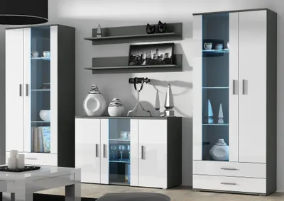 Produktbild von Furniture24 Wohnwand SOHO 10 mit Blauer LED Beleuchtung, Anbauwand, Wohnzimmerschrank, Schrankwand, Vitrine, Lowboard, HängeregalGrau/Weiß Hochglanz