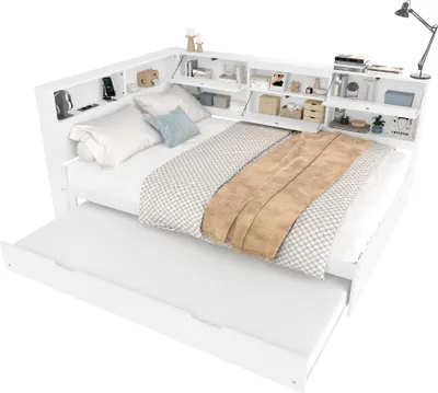 Produktbild von STILVORA Schlafsofa 140x200 mit Ausziehbett,Daybett mit Kopfteil&Ablagefach,Tagesbett mit USB&TYPE-C Anschluss,Weiß(ohne Matratze)
