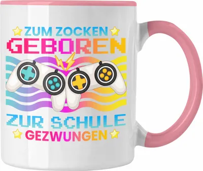 Produktbild von Trendation - Gamer Tasse Geschenk Jungen Zocker Mitbringsel Männer Zocken Gaming Geschenkideen PC Kinder Zubehör Spruch Lustig Zur Schule Gezwungen (Rosa)