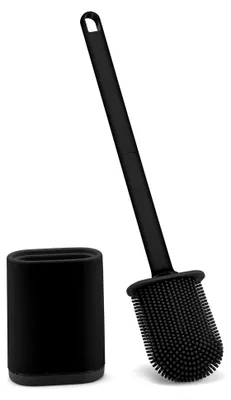 Produktbild von Silikon Klobürste, WC-Bürste Silikon Toilettenbürsten-Set mit schnelltrocknendem Halter, flache Toilettenbürste zur Wandmontage oder zum Stehen für Badezimmer oder Gäste-WC, Schwarz