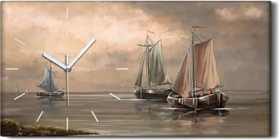 Produktbild von Leinwand Wanduhr Wandkunst Uhr 60x30 Meereslandschaft Fischer boote Schiffe - weiße Hände