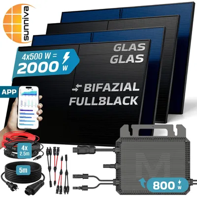 Produktbild von SUNNIVA® 2000W Balkonkraftwerk BIFAZIAL FULLBLACK komplett Steckdose MARSTEK 800W Wechselrichter, PV Solaranlage, 5m Kabel, Bluetooth WIFI