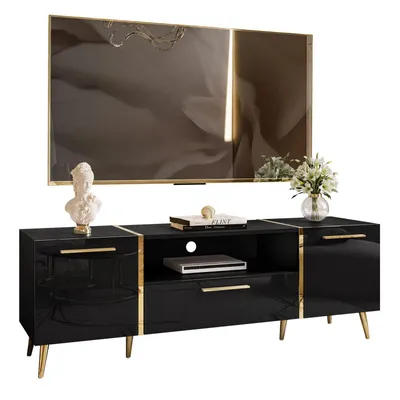 Produktbild von ONYX TV-Schrank auf goldenen Füßen, schwarz glänzend, 158 cm, mit Griffen