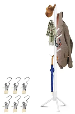 Kleiderständer aus Kiefernholz, 8 Haken, weiß, 175 cm