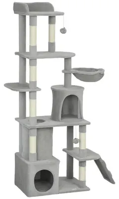Zdjęcie produktu dla Katzenbaum – drapak, wieża do wspinaczki – wysokość 170 cm – 7 słupków do drapania – 3 platformy i 2 kryjówki – tunel i hamak – kolor khaki