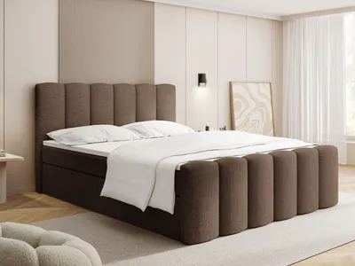Produktbild von Boxspringbett mit Bettkasten – Polsterbett 140 x 200 cm mit H4 Taschenfederkern 7-Zonen Matratze & 5 cm Topper – Stauraumbett Serenity mit Hohem Kopfteil & Gepolstertem Fußteil – Braun Chenille