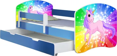 Produktbild von ACMA Jugendbett Kinderbett Junior-Bett Komplett-Set mit Matratze Lattenrost und Rausfallschutz Blau 18 Pony Regenbogen 180x80 + Bettkasten