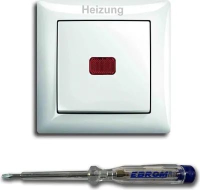 Produktbild von BUSCH JÄGER Heizung-Not-Schalter 2-polig Heizungnotschalter Schriftzug: Heizung – Wippkontrollschalter Beleuchtung, rote Kalotte, BALANCE SI alpinweiß Notschalter inkl. EBROM Phasenprüfer zur Montage