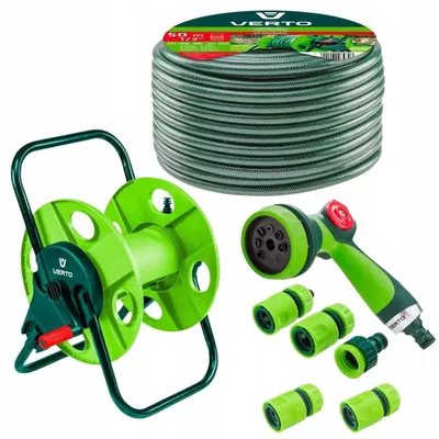 Produktbild von VERTO Schlauchtrommel + Gartenschlauch 50m + Wasserspritze + 3 x Schlauchverbinder, Wasserstop, Hahnverbinder - Komplettes Starterset
