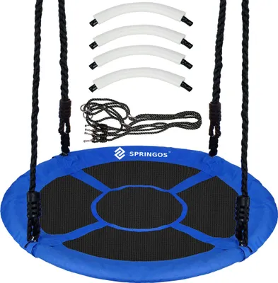 A blue and black nest swing with white curved bars and black ropes, presented against a white background.