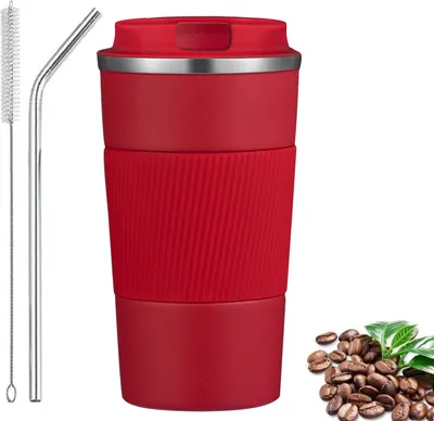 Obrázek produktu pro Termohrnek, protiskluzový cestovní hrnek z nerezové oceli 13oz s brčkem a nylonovým štětinovým kartáčkem, nepropustný cestovní hrnek s víčkem Coffee-to-go Mug, červený, 3, 380 ml