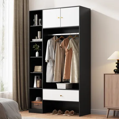 Produktbild von Flieks Kleiderschrank Garderobe mit Kleiderstange, Schublade und offenen Fächern, Flurgarderobe Kommode 105x40x185 cm, Weiß