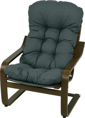 A dark gray cushion on a wooden chair.