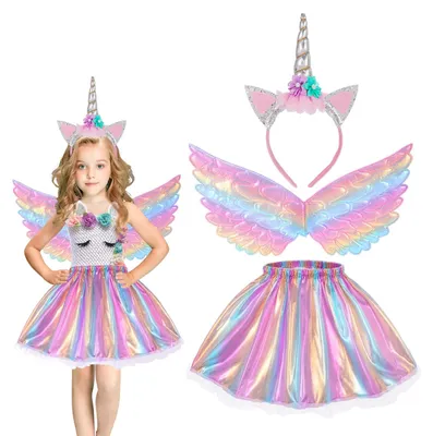 Productafbeelding van Eenhoorn kostuum set, 3-delig: regenboog tutu rok, meisjes kostuum, tule rok, eenhoorn hoofdband, vleugels voor meisjes, geschikt voor cosplay, meerkleurig