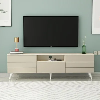 Image de Homidea LUNAR : Meuble TV bas de 180 cm avec espace de rangement et portes – Meuble TV moderne de style scandinave – Meuble TV pour salon – Beige travertin