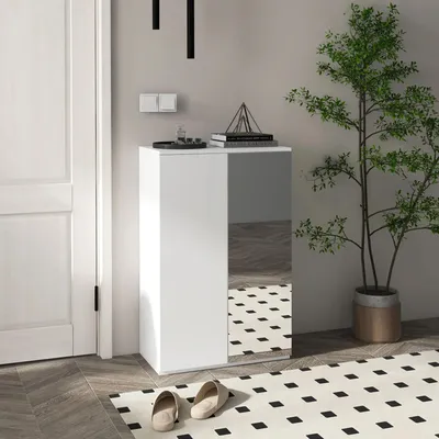 Image de Armoire à chaussures avec miroir - Armoire à chaussures/étagère à chaussures - 5 étagères - Pour 18 paires - 60×32×95 cm - Blanc