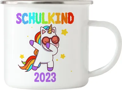 Produktbild von Schulkind 2023 Emaille Tasse Einschulungsgeschenk Einhorn Unicorn Fans Buntes Motiv Regenbogen
