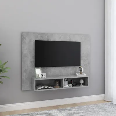 A wall-mounted TV unit with a TV and shelves, displayed in a room setting.