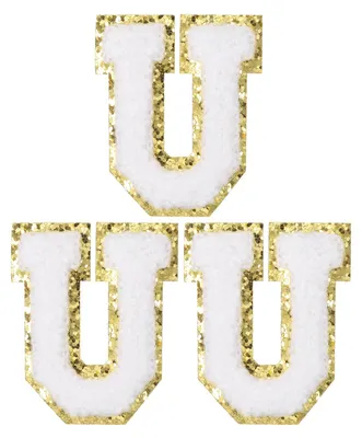 3 Chenille-Glitzer-Buchstaben-Patches, weiß, Buchstabe U, aufbügelbar