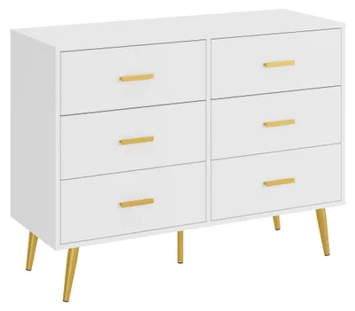 Produktbild von Moderne Kommode mit 6 Schubladen, goldenen Griffen und Füßen – Breite Kommode für Schlafzimmer und Wohnzimmer (Weiß)