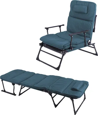 A teal reclining chair and a teal cot are shown against a white background.