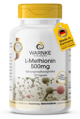 Produktbild von L-Methionin 500mg - 120 Kapseln - vegan & hochdosiert - essentielle Aminosäure | Warnke Vitalstoffe - Deutsche Apothekenqualität