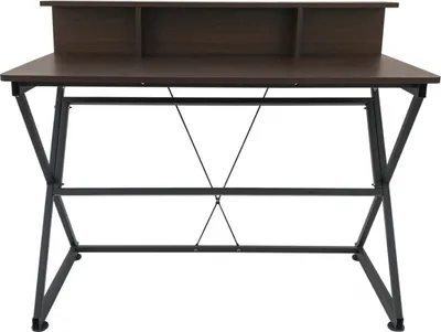 A dark brown wooden desk with a black metal frame, shown from the front against a white background.