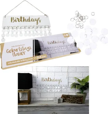 Produktbild von Michel Toys Geburtstagskalender DIY Erinnerung mit 25 Namenschips weiß, mit goldfarbenem Druck, 100% Holzfaser (MDF), in Versandkarton