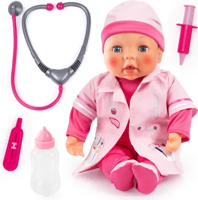 Produktbild von Bayer Design 93878AA Doktor Puppe interaktiv, Babylaute, rote Wangen, viel Zubehör, rosa