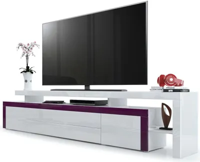 Produktbild von Vladon TV Board Lowboard Leon V3,  Germany, Korpus und Überbau in Weiß Hochglanz / Front in Weiß Hochglanz mit Rahmen in Brombeer Hochglanz (227 x 52 x 35 cm)