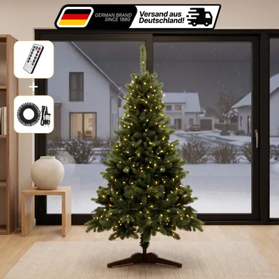 Produktbild von Lindenstein Weihnachtsbaum 150 cm, PE/PVC, 100 LEDs Künstlicher Weihnachtsbaum mit Beleuchtung, 220 LED warmweiß, Fernbedienung, dimmbar, 8 Modi, Timer,