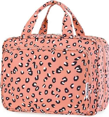 Immagine prodotto di Borsa da toilette Unyqoos® da appendere, grande – Custodia per cosmetici 30,5 x 23 x 14 cm, motivo leopardato arancione, imbottita, impermeabile, con 4 scomparti
