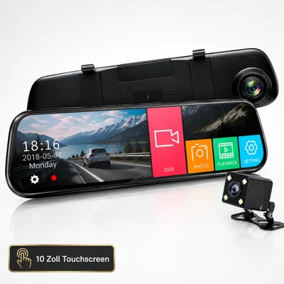 Produktbild von Auto Dashcam Kamera Vorne Hinten 10 Zoll Touchscreen Rückspiegel Dashcam 1080P mit Nachtsicht, Rückfahrkamera, Loop-Aufnahme, 140° Weitwinkel