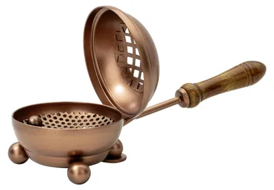 Kupfer-Wierookpan Ø 8 cm, 22 cm, mit Holzgriff, Siebeinsatz