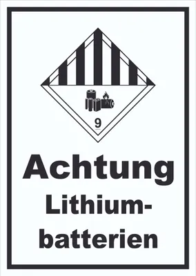 Produktbild von Schild Achtung Lithiumbatterien Gefahrgutklasse 9a hochkant A5 (148x210mm)